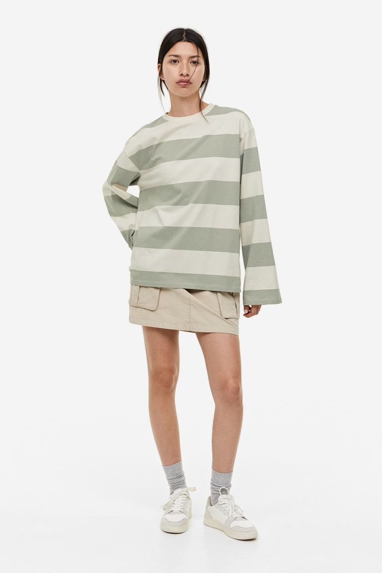 Oversized Cotton Top - Sage green/striped - Ladies | H&M US | H&M (US + CA)