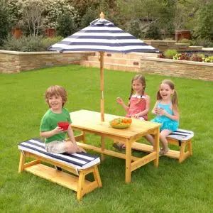 Outdoor Table & Bench Set with Cushions & Umbrella - Navy & White Stripes | KidKraft