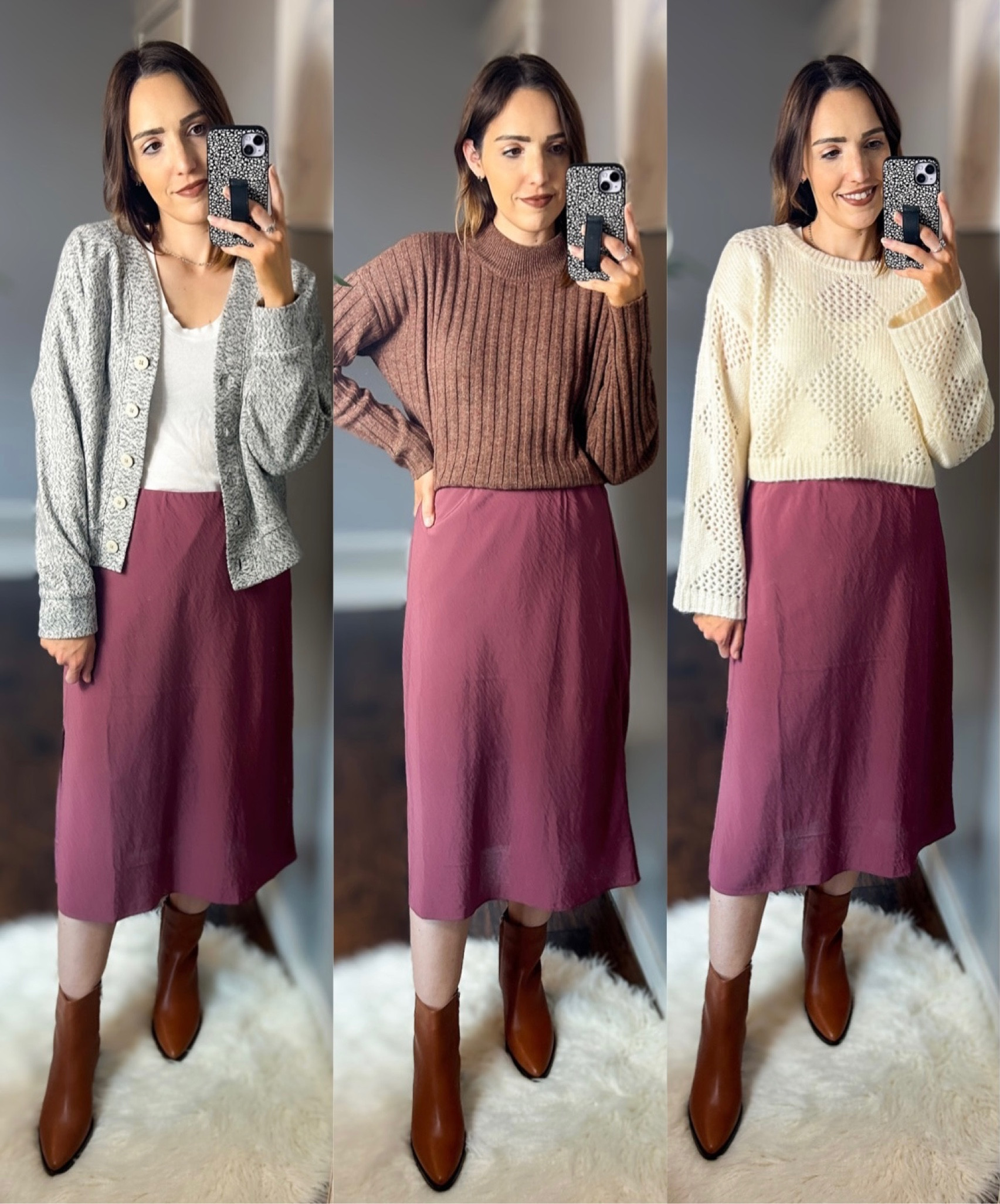 Madewell skirt — Madewell sweaters — Madewell sale — Fall outfits 

Berry purple midi slip skit — TTS, 6 (need slip underneath, linked mine from Amazon prime)
Marked gray cardigan sweater — TTS, M
Mock neck crop sweater — TTS, S
Cream Diamond stitch cropped sweater — TTS, S (wear layering tank under)
Brown boots — TTS 

#LTKxMadewell #LTKsalealert #LTKSeasonal