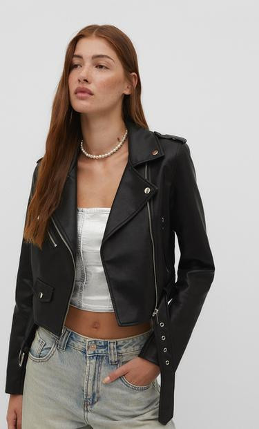 Blouson motard avec ceinture en similicuir - Mode femme | Stradivarius France | Stradivarius (FR)