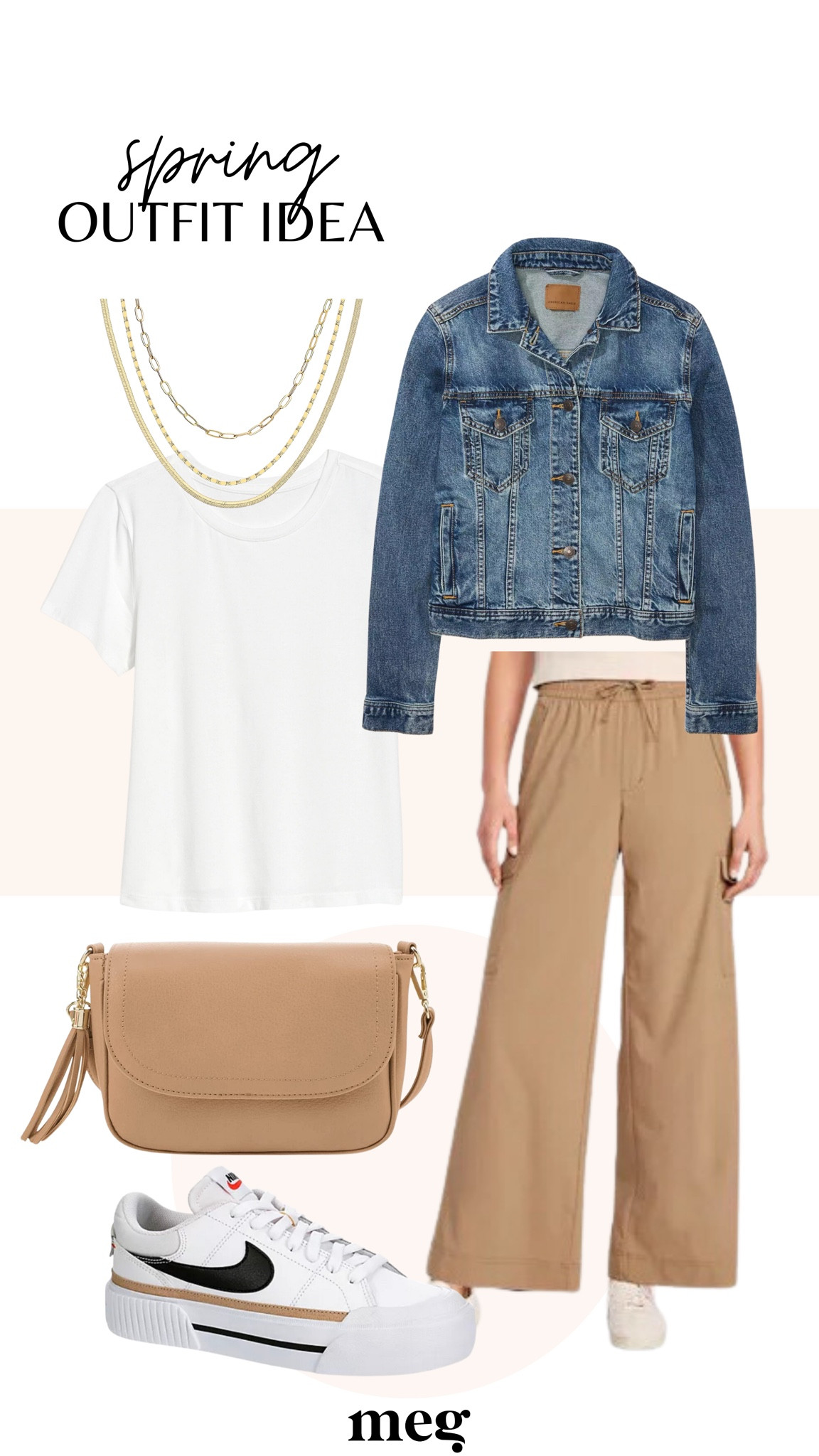 Spring outfit idea!

White T-shirt, denim jacket, tan purse, gold necklace, cargo pants, tan pants, wide leg pants

#LTKSeasonal #LTKfit #LTKstyletip