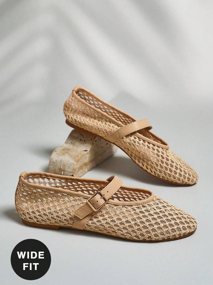 SHUZIA Women's Wide-Fit Comfortable Raffia Mary Jane Ballet Flats | SHEIN