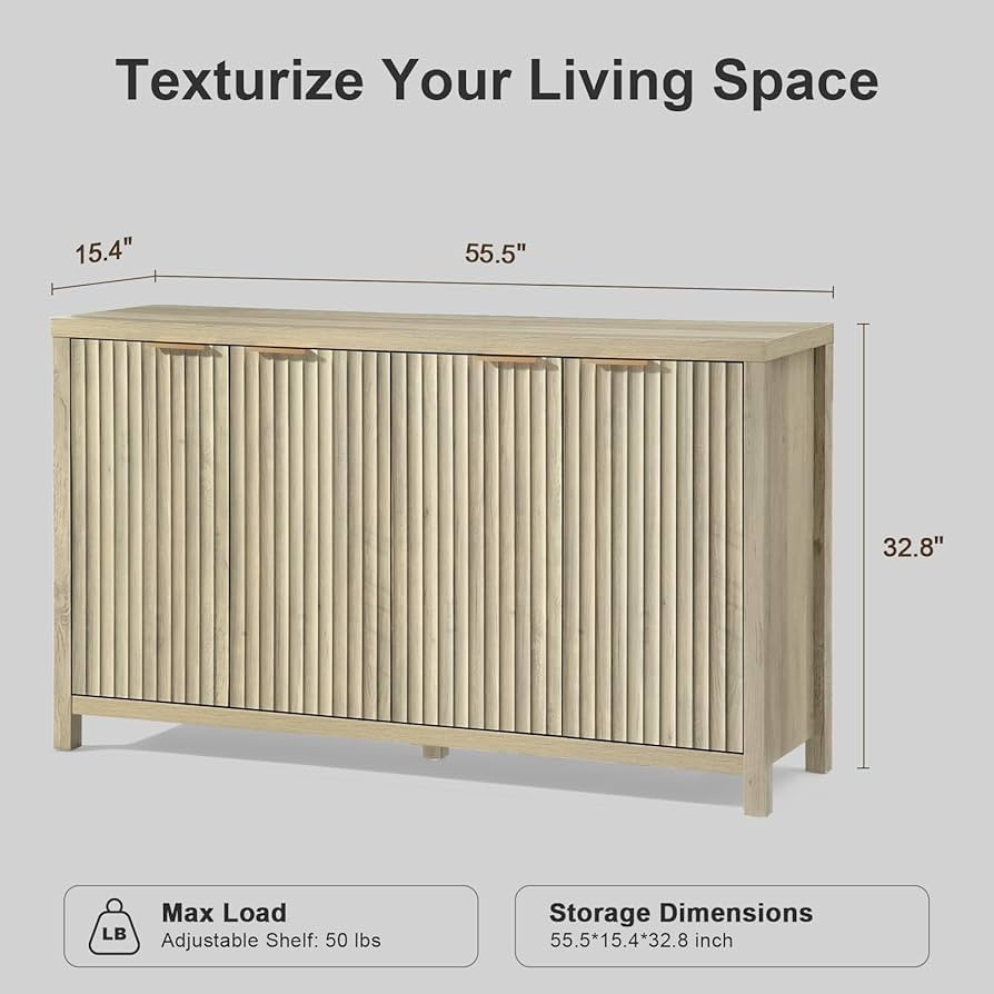 Oxford 4 Door Storage Cabinet Fluted Sideboard Large Buffet with Adjustable Shelves, Multifunctio... | Amazon (US)