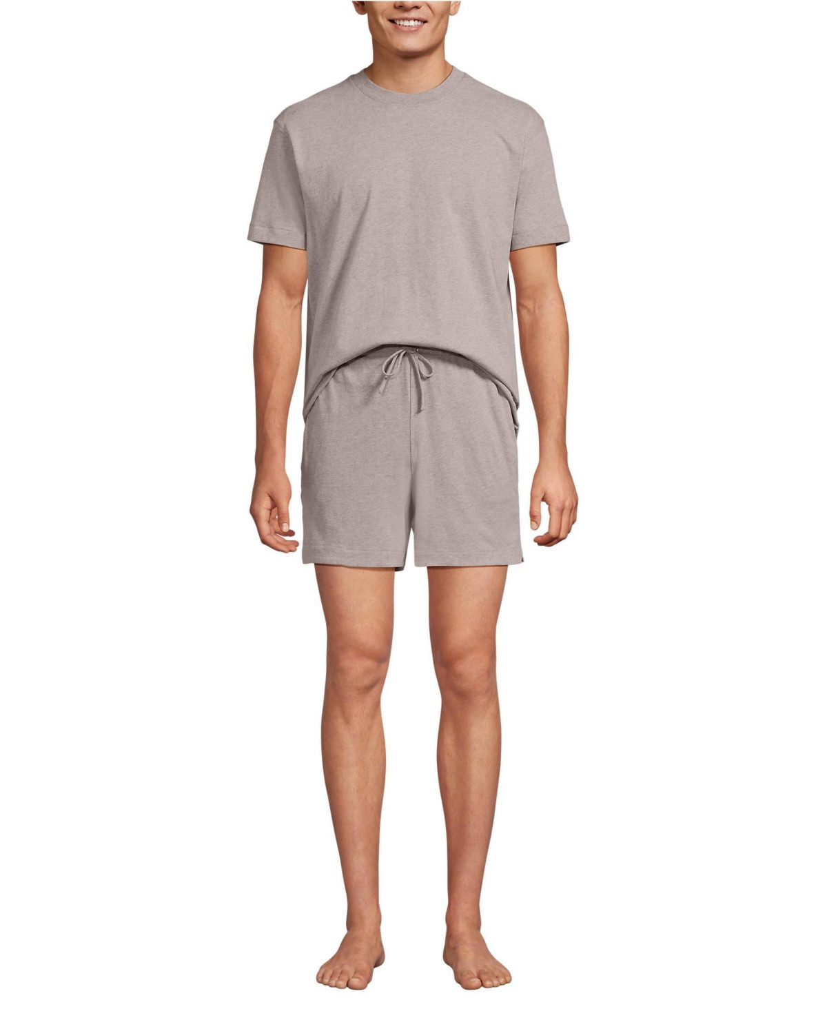 Lands' End Men's Short Sleeve Knit Jersey Short Sleep Set - Light bark heather | Macy's