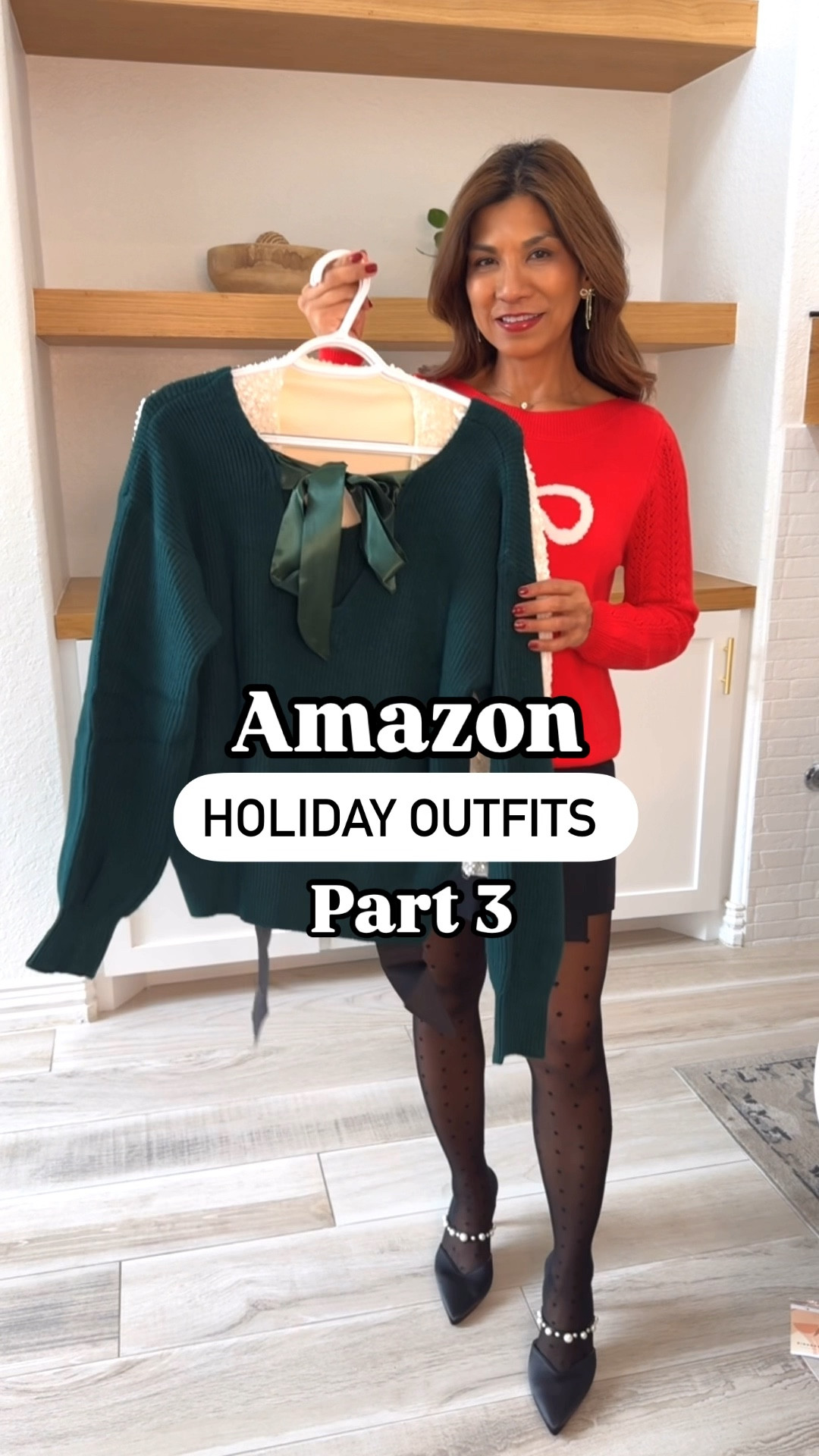 Holiday Outifts
Outfit 1: red sweater with bow in small tts(high sell out rate; linked  exact and similar ones).
Outfit 2: green sweater with bow in small tts; jeans fit tts I’m wearing extra short length and I’m 5’2”. Wearing size 26. 
Outfit 3: black top in small tts; sequin pants with elastic waist in small tts, color is Black Silver. 
Outfit 4: Red Sweater with pearl buttons in small tts. Jeans same as outfit 2.
Sparkly bow shoes and shoes with Pearl embellishments fit tts.
Red lipstick in shade 816; liner. Shade Main Character. 
All accessories and bag are linked.
Work party, office party, Christmas ladies luncheon outfit, NYC outfit, Christmas outfit, red sweaters. 


#LTKStyleTip #LTKHoliday #LTKSeasonal