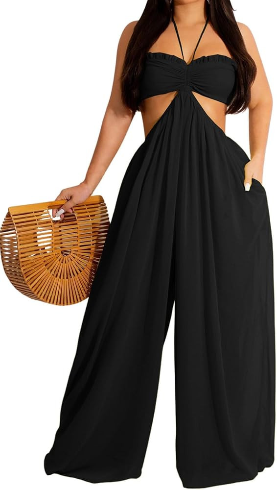 WOKANSE Women's Sexy Off Shoulder Drawstring Waist Baggy Wide Leg Pants Jumpsuit Long Romper with... | Amazon (US)