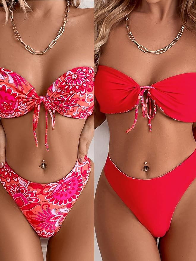 SheIn Women's Graphic Swimsuit Tie Front Bandeau and High Waist Panty Bikini Set Bathing Suit | Amazon (US)