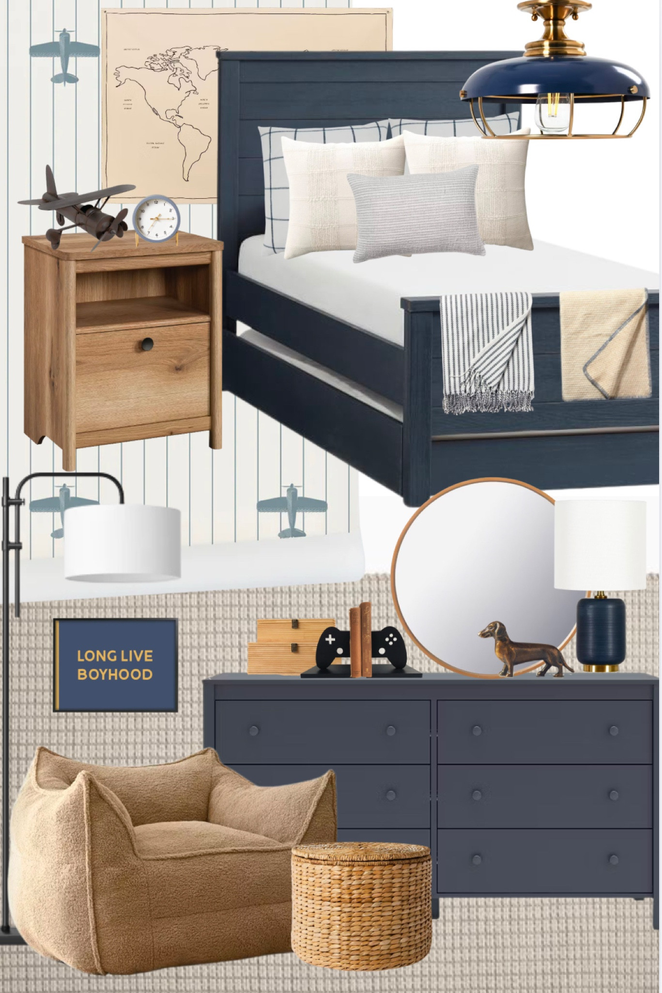 The perfect navy mood board for a little boys room with cute brown, bronze and natural wood accents carried throughout. I love the dachshund statue from Anthropologie and just had to find a place for him in here ☺️ the navy trundle bed frame also comes in the most beautiful natural wood finish as well! 

#LTKStyleTip #LTKKids #LTKHome