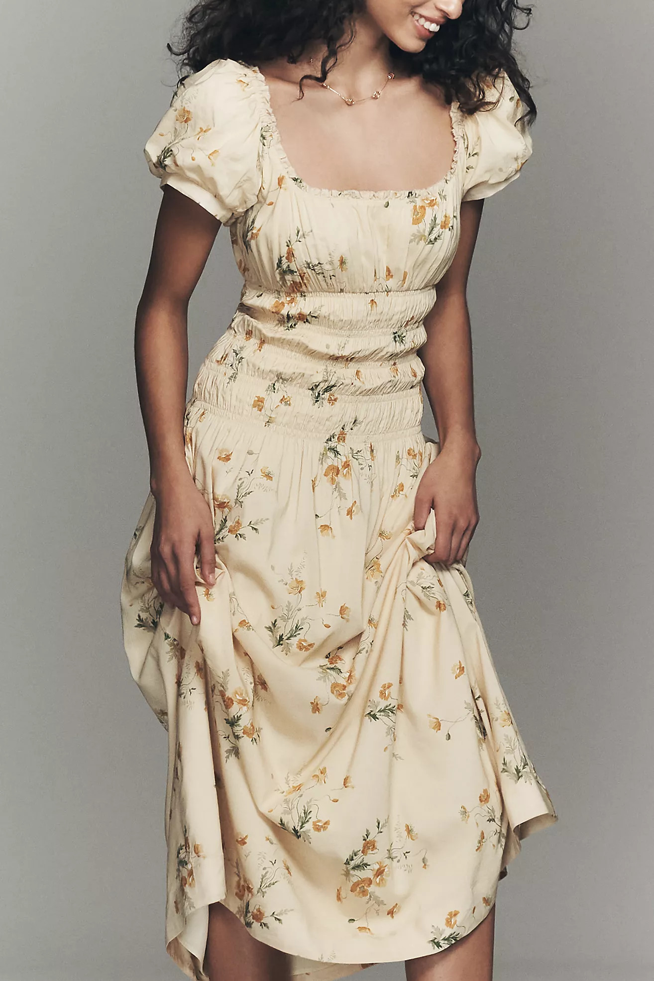 Reformation Riva Puff-Sleeve Smocked Midi Dress | Anthropologie (US)