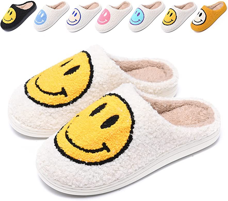 Cute Smile Face Slippers for Women and Men,Soft Plush Comfy Warm Couple Slip-On House Happy Face Sli | Amazon (US)