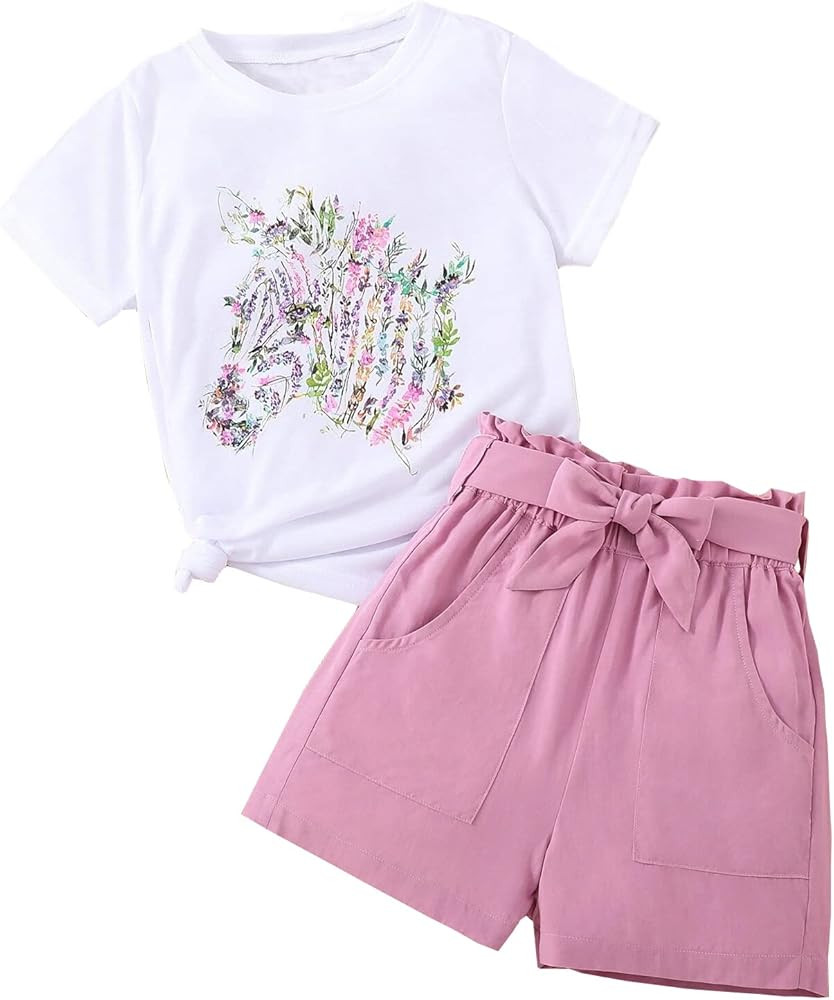 Toddler Kid Girl Outfits Clothes Floral Short Sleeve T-Shirt Top + Waist Pocketed Summer Short Se... | Amazon (US)