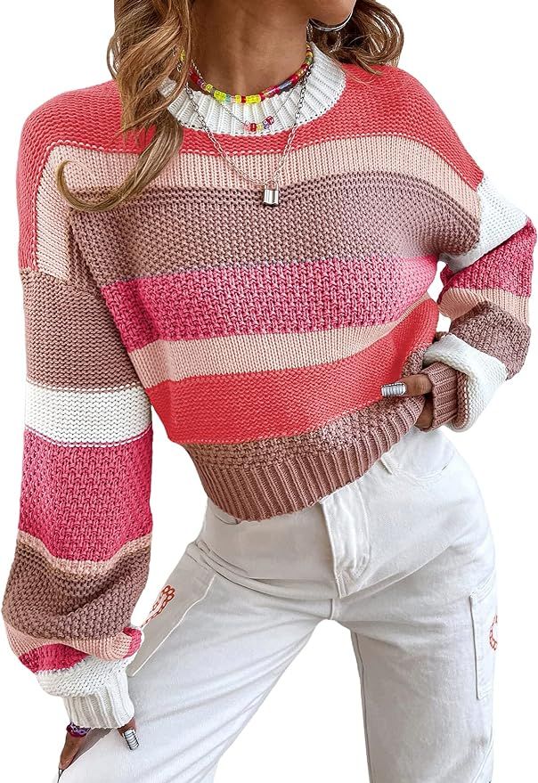 Floerns Women's Color Block Long Sleeve Drop Shoulder Sweater Pullover Crop Top | Amazon (US)