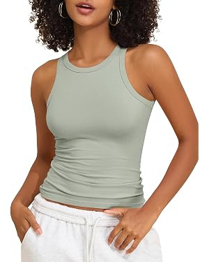 PrettyGuide Women's Cotton Racerback Tank Tops High Neck Fitted Basic Tee Summer Casual Y2K Trend... | Amazon (US)