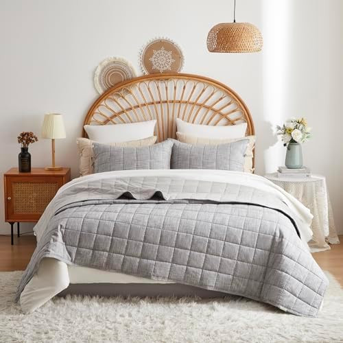 Gray Twin Quilt 2-Pieces Cotton Twin Quilt Bedding Set | Quilted with Grey Stripe Coverlet Lightw... | Amazon (US)
