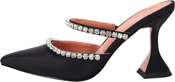 VETASTE Women's Pointed Toe Strappy Heels Crystal Satin Heeled Mules Wedding Party Shoes | Amazon (US)