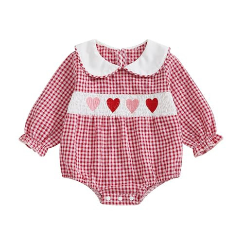Amiblvowa Baby Girl Valentines Day Outfit Embroidery Love Heart Smocked Bubble Romper Bodysuit Cute Infant Newborn Clothes | Amazon (US)