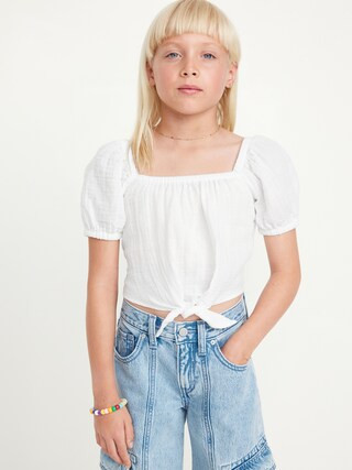 Puff-Sleeve Double-Weave Tie-Knot Top for Girls | Old Navy (US)