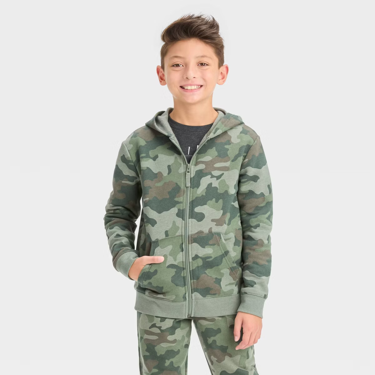 Boys' Fleece Zip-Up Sweatshirt - Cat & Jack™ Green XS: Camouflage Pattern, Hooded, Kangaroo Poc... | Target