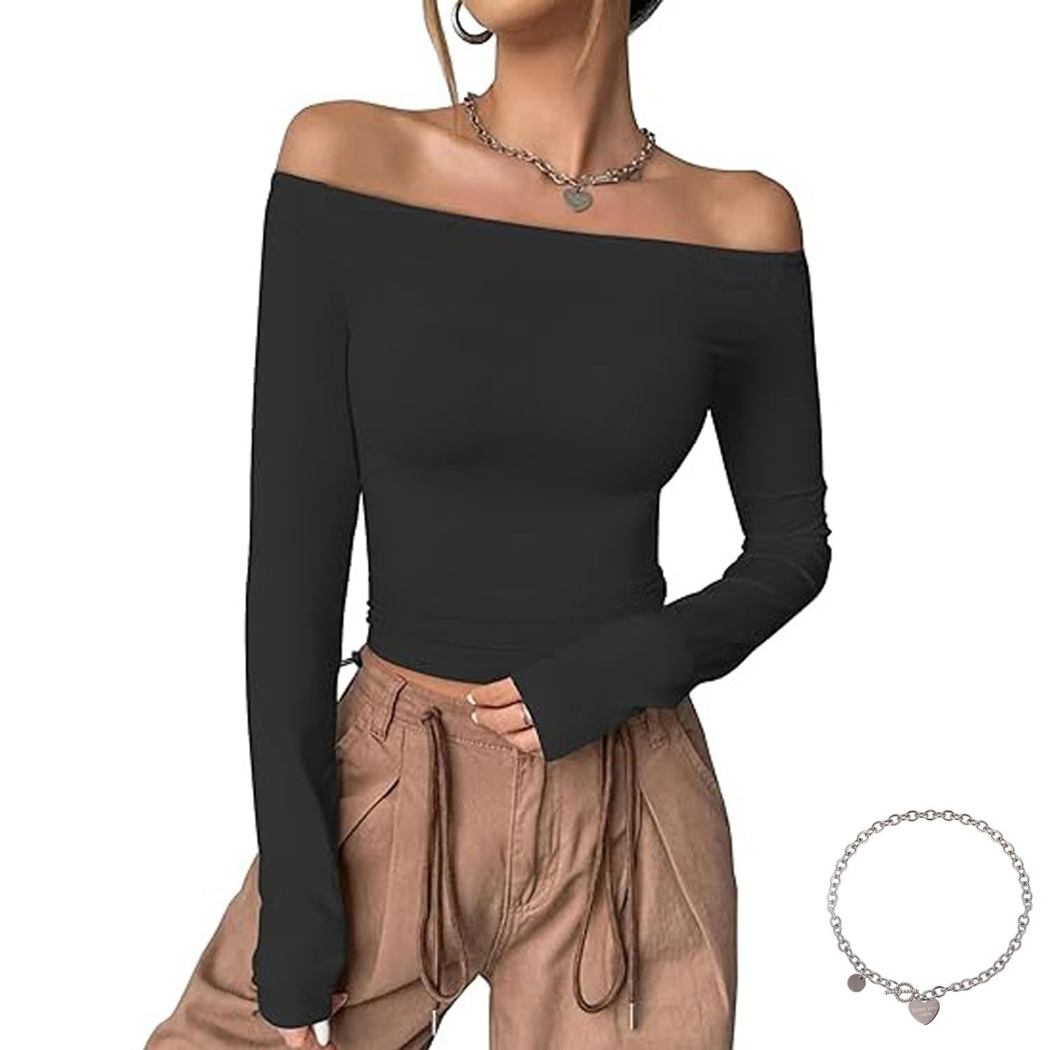 Braless Off Shoulder Top Built in Bra Off The Shoulder Tops for Women Long Sleeve Basic T Shirts(... | Amazon (US)