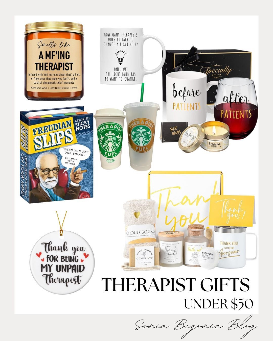 🎁 THERAPIST GIFTS UNDER $50: The Perfect Thank You! 💖

Show your favorite therapist or mental health worker some appreciation with a witty and wonderful gift! ✨

We’ve curated a collection of gifts that are both funny and incredibly thoughtful. Celebrate their dedication with a "before patients" and "after patients" wine glass set, or give them the essential "Therapist Fuel" tumbler. For a laugh, the "Freudian Slips" sticky notes or the "How many therapists..." mug are sure to be a hit! Don't forget the self-care—luxurious bath sets and the hilarious "Smells Like a MF'ing Therapist" candle are perfect for helping them unwind after a long day. Show gratitude for the amazing work they do!

#TherapistGifts
#MentalHealthGifts
#GiftsUnder50
#TherapistLife
#ThankYouGift
#GiftIdeas
#TherapyGifts
#SelfCareGifts
#FunnyGifts
#TherapyHumor
#Therapist
#MentalHealthAwareness
#LTKGiftGuide
#ThoughtfulGifts
#AppreciationGift


#LTKHoliday #LTKFindsUnder50 #LTKGiftGuide