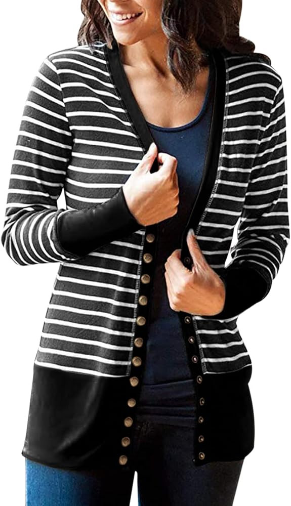 KIRJAUDU Women's Leopard Print Long Sleeve Cardigan Snap Button Jacket Casual Color Block V-Neck Out | Amazon (US)