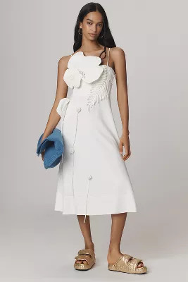 Farm Rio Linen Blend Garden Sleeveless Floral Appliqué Midi Dress | Anthropologie (US)