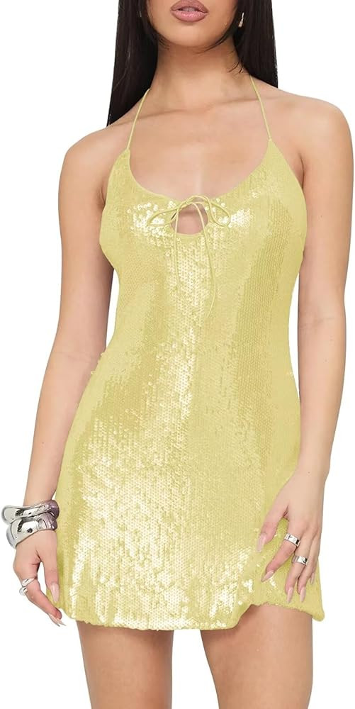 SoDigne Sparkly Sequin Halter Short Homecoming Dresses for Teens Summer Cut-Out Mini Cocktail Par... | Amazon (US)
