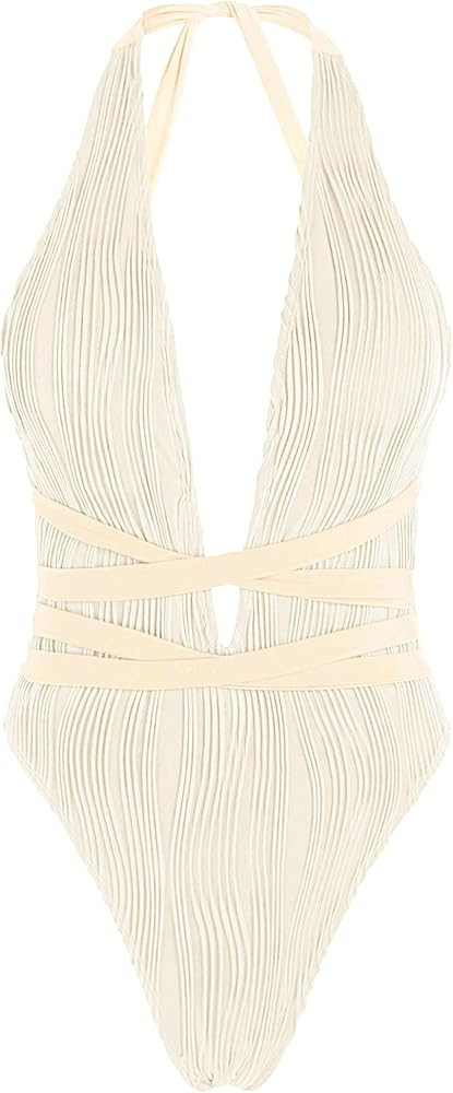 ZAFUL Women's One Piece Swimsuit Deep V Neck Ribbed Self Tie Sexy High Cut Bathing Suit Crisscros... | Amazon (US)