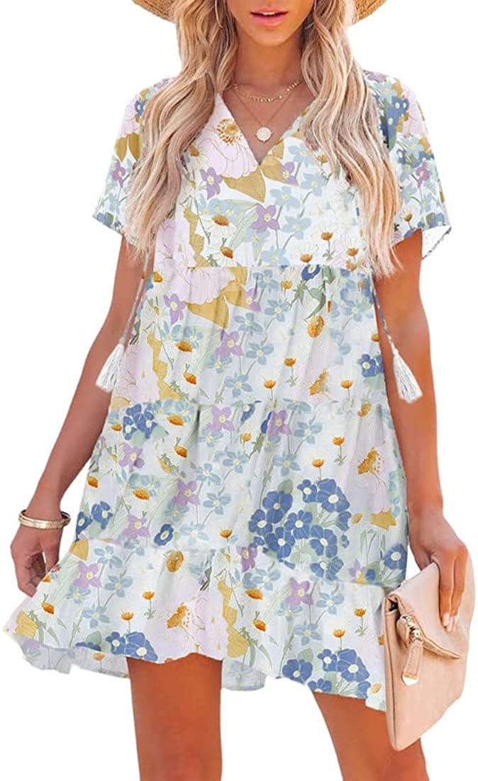 SHEWIN Women's Summer Boho Floral Dresses Casual V Neck Short Sleeve Ruffle Hem A-Line Mini Dress | Amazon (US)