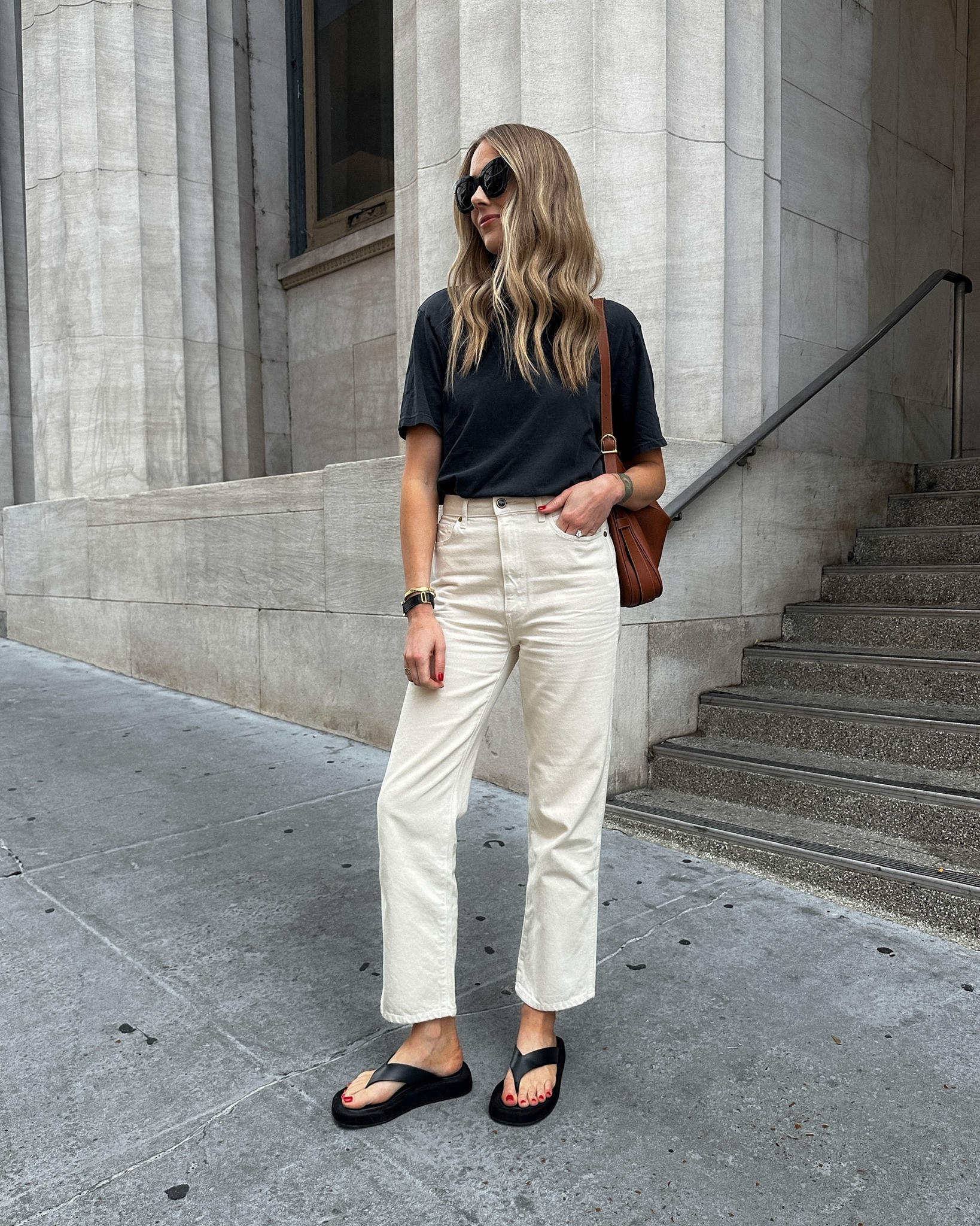 Fashion Jackson wearing an oversized black T-shirt size 0, ecru jeans (size up), black sandals (linked similar) 
#shopbop #summeroutfit

#LTKshoecrush #LTKstyletip #LTKFind