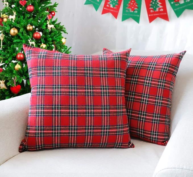 4TH Emotion Set of 2 Christmas Scottish Tartan Plaid Throw Pillow Covers Cushion Case Polyester f... | Amazon (US)