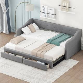 Gray Twin XL to King Size Linen Upholstered Daybed with 2 Drawers | The Home Depot