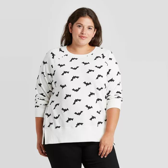 Women&#39;s Plus Size Halloween Bat Graphic Pullover Sweatshirt - White 1X | Target