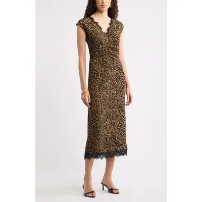 Nordstrom Lace Trim Leopard Print Midi Dress in Tan- Black Leone Leopard at Nordstrom, Size Small | Nordstrom