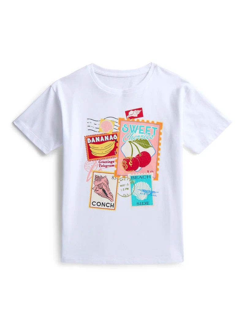 Wonder Nation Girls Vintage Stamps Graphic Tee with Short Sleeves, Sizes 4-18 | Walmart (US)