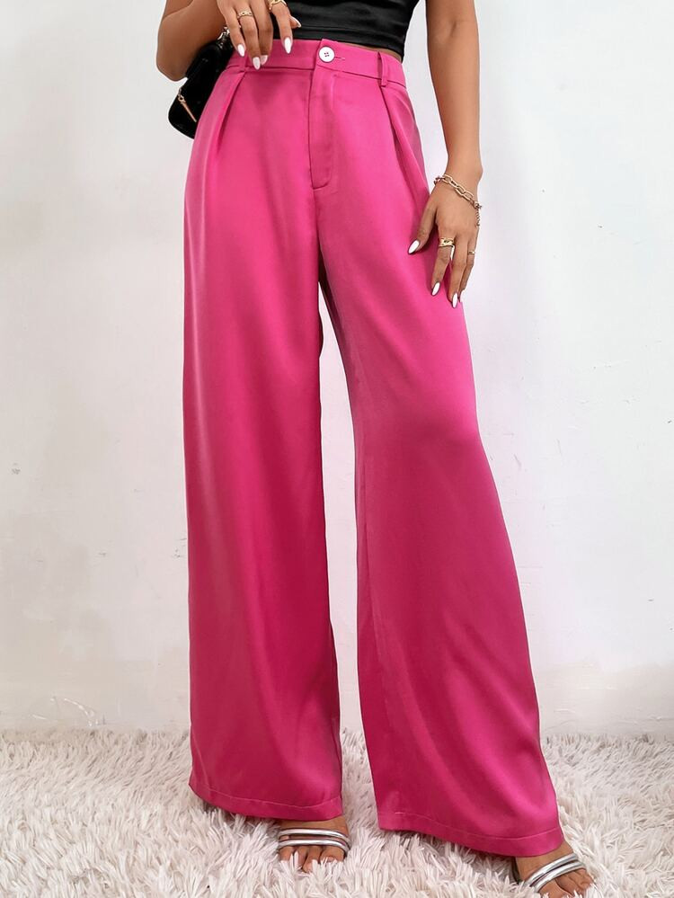 High Waist Plicated Detail Satin Tailored Pants | SHEIN