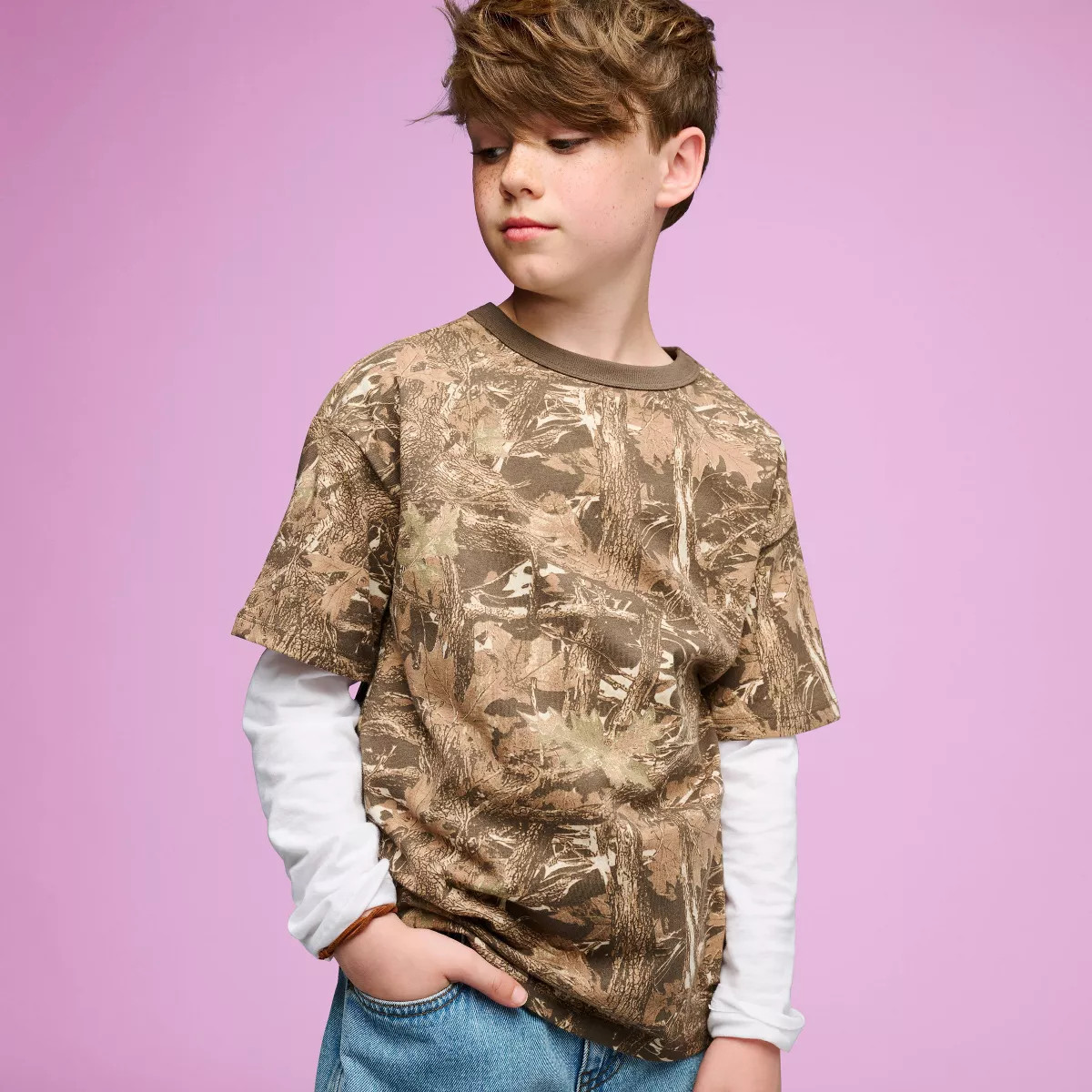 Boys' Short Sleeve 100% Cotton Camo Printed Relaxed Fit T-Shirt - Cat & Jack\u2122 Dark Brown S | Target