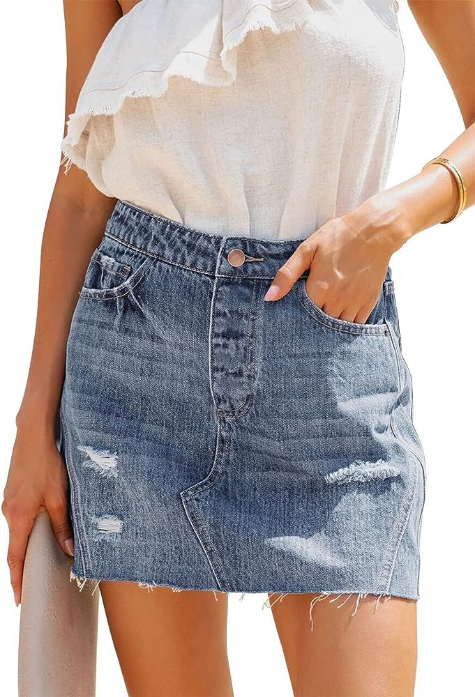 HERBATOMIA Women’s Bodycon Denim Mini Skirt High Waist Casual Washed Frayed Stretchy Jean Skirt... | Amazon (US)