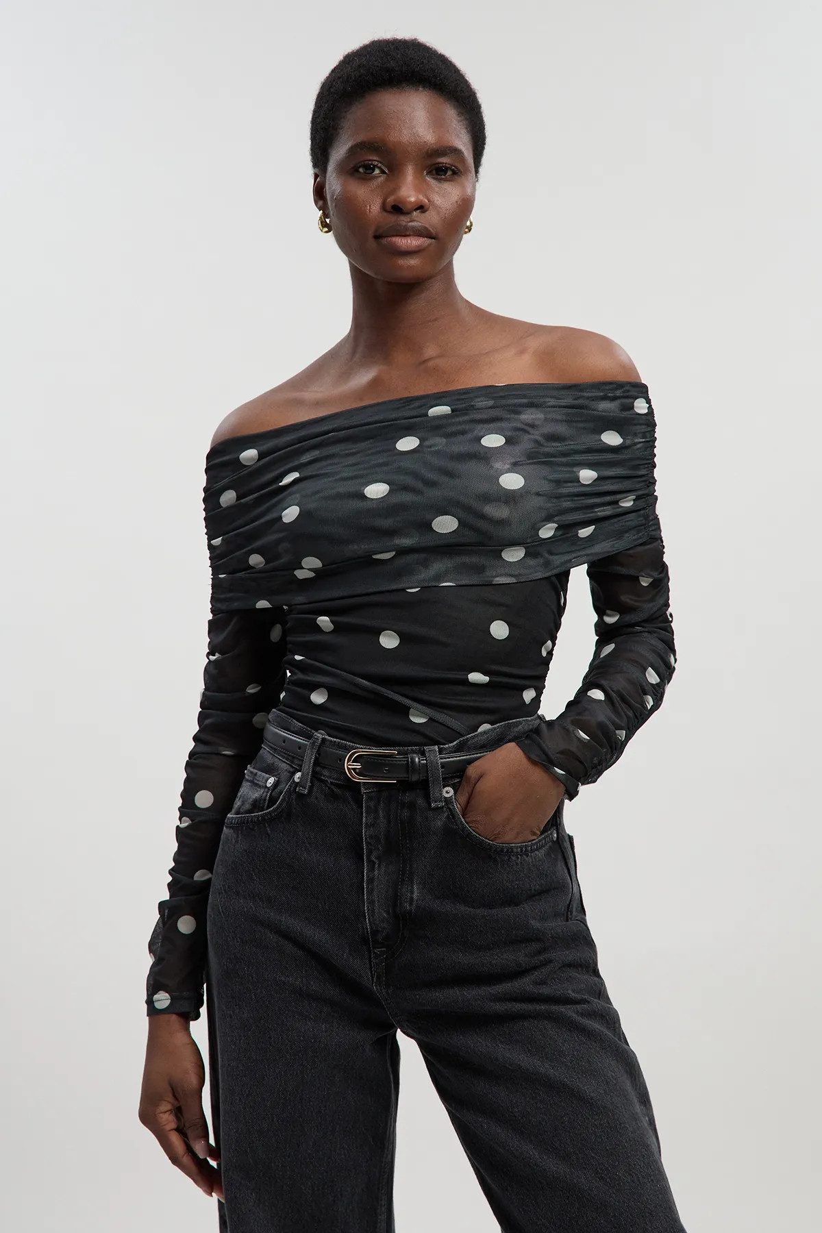 Black Polka Dot Ruched Off Shoulder Ruched Bodysuit | Karen Millen | Karen Millen UK + IE + DE + NL
