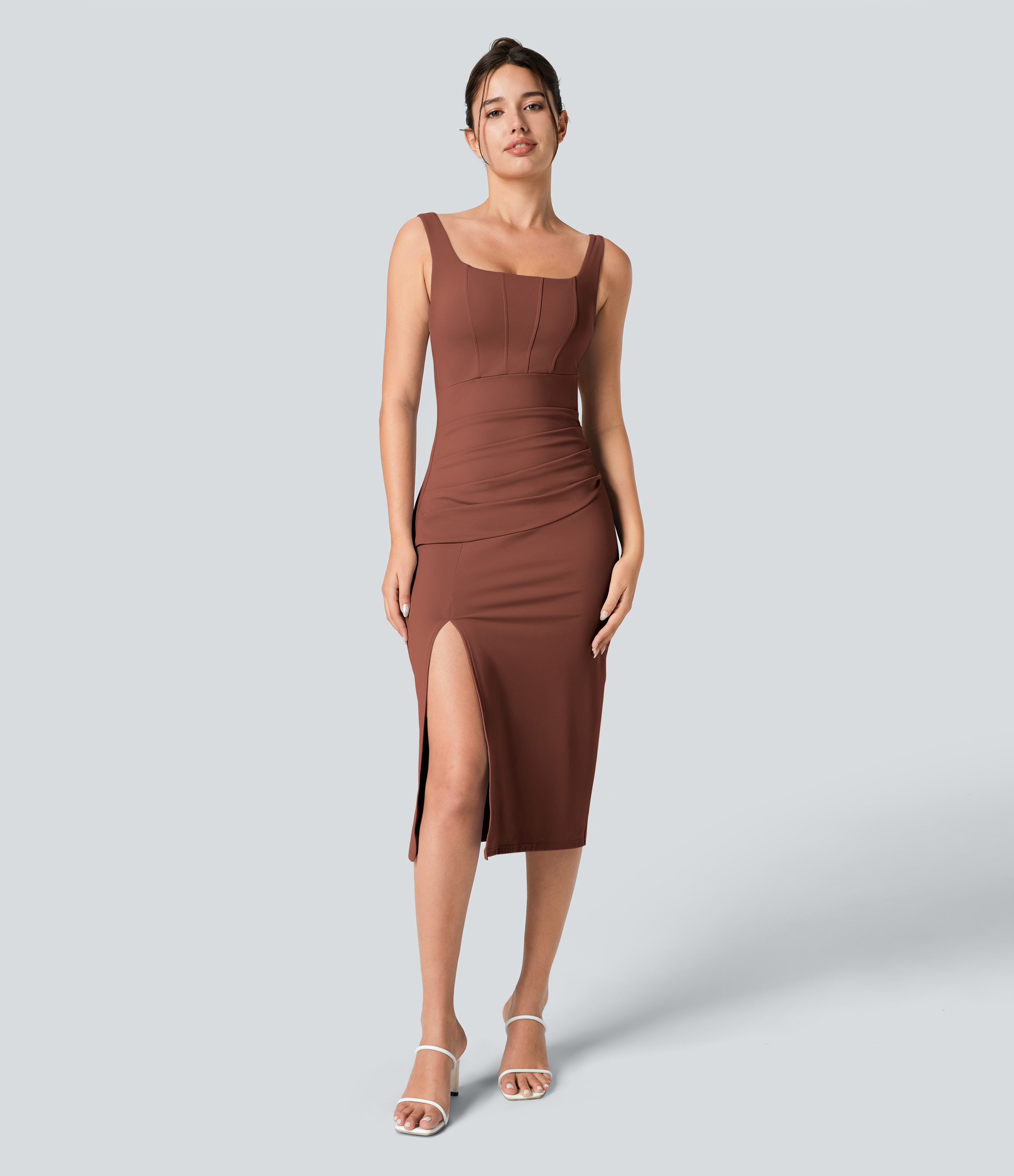 Halara Softlyzero™ Airy Square Neck Backless Corset Ruched Split Bodycon Midi Cool Touch Bridesmaid and Wedding Guest Dress Casual Dress - Sequoia - M | HALARA