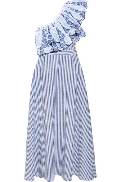 Gül Hürgel - Belle One-shoulder Striped Cotton And Linen-blend Midi Dress - Blue | NET-A-PORTER (US)