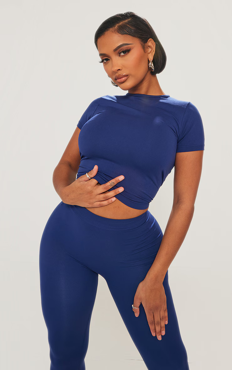 Shape Navy Stretch Short Sleeve Longline Top | PrettyLittleThing US