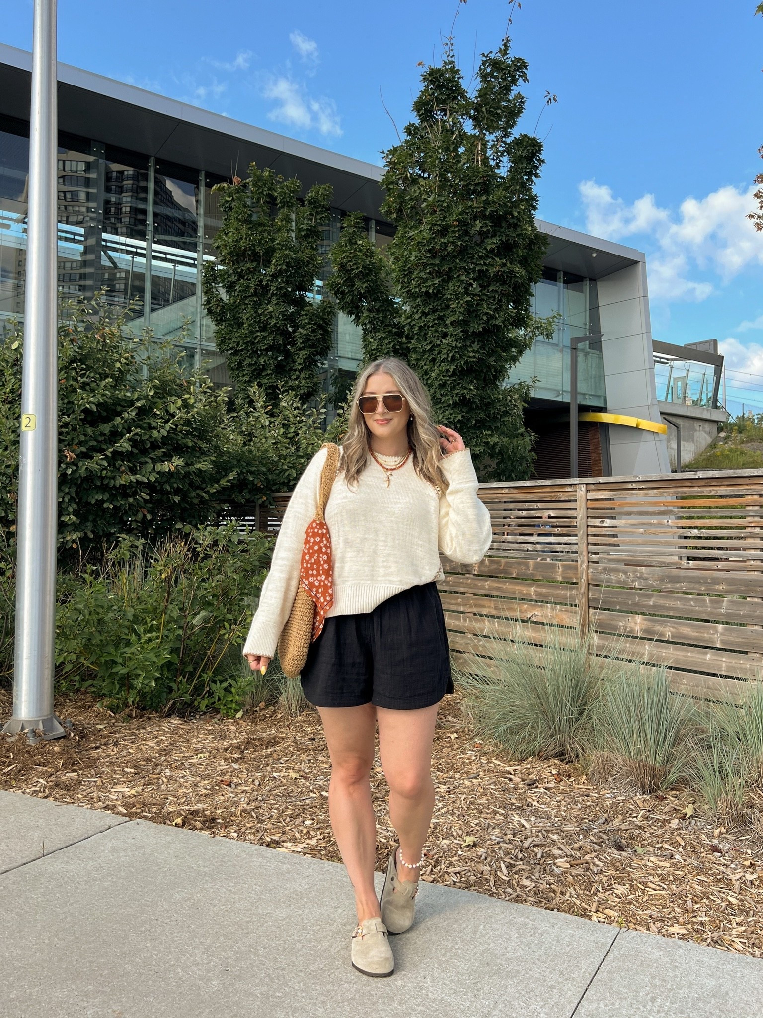 Easy summer to fall transitional outfit! Wearing L in the 100% cotton sweater. Shorts are old, linked similar. I’m a 9.5-10 shoe and wear a 40 in the Birkenstock clogs

#LTKsummer #LTKfall #LTKsale