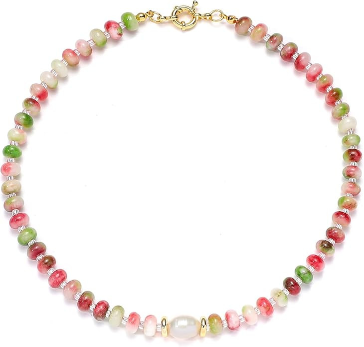 ZHDHDQ Pearl Beaded Gemstone Necklace for Women,Boho Colorful 8mm Bead Choker Necklace Nature Sto... | Amazon (US)