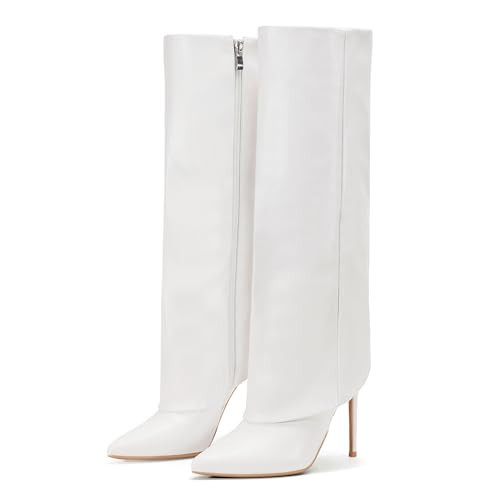 Elisabet Tang Knee High Fold Over High Heels Shark Slouchy Leather Boots for Women Pointed Toe high heel Tall Long Patent Dress Side Zipper Dressy | Amazon (US)