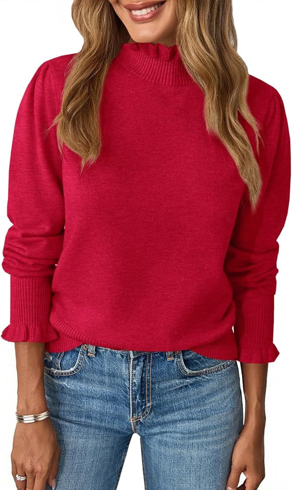 UNCLECAT Womens Ruffle Mock Neck Sweater Casual Puff Long Sleeve Fall Knit Trendy Pullover Sweate... | Amazon (US)
