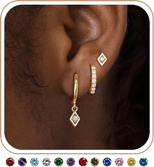 3 pairs Stud Gold Hoop Earrings for Women, Dainty 14K Gold Plated Birthstone Zirconia Earring Hyp... | Amazon (US)