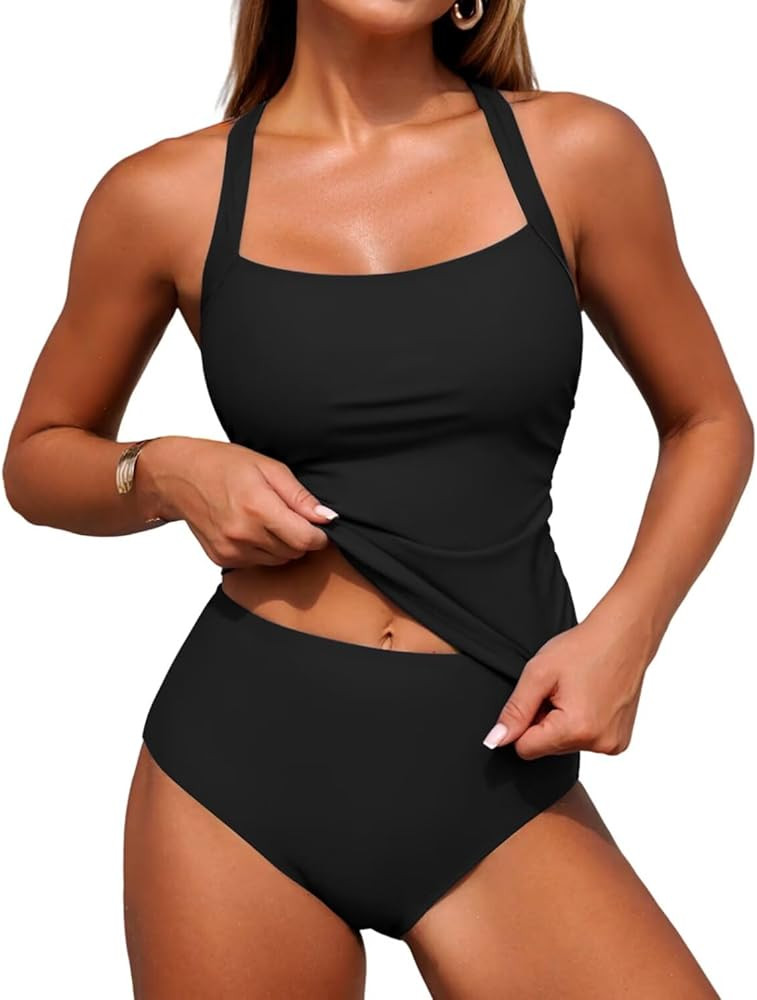 ZAFUL Women's Tankini Swimsuits Tummy Control Swimwear Two Piece Bathing Suits Swim Top with High... | Amazon (US)