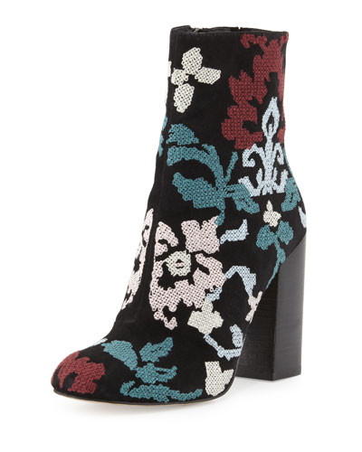 Bojana Embroidered Suede Bootie, Black | Neiman Marcus