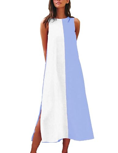 Zontroldy Summer Casual Dress for Women Long Sleeveless Crewneck Dresses Color Block Side Slit Be... | Amazon (US)
